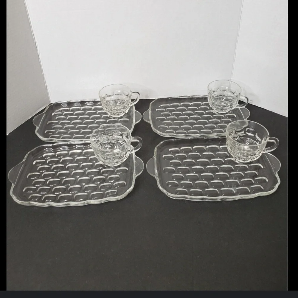 4 Piece Set Federal Glass Vintage 80s SNACK SERVING TRAYS CLEAR W BUBBLE DESIGN